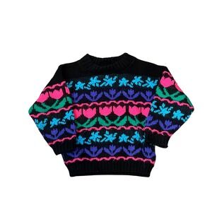 Kids Vintage Black Tulip Floral Fair Isle Knit Sweater Multicolored Funky Retro